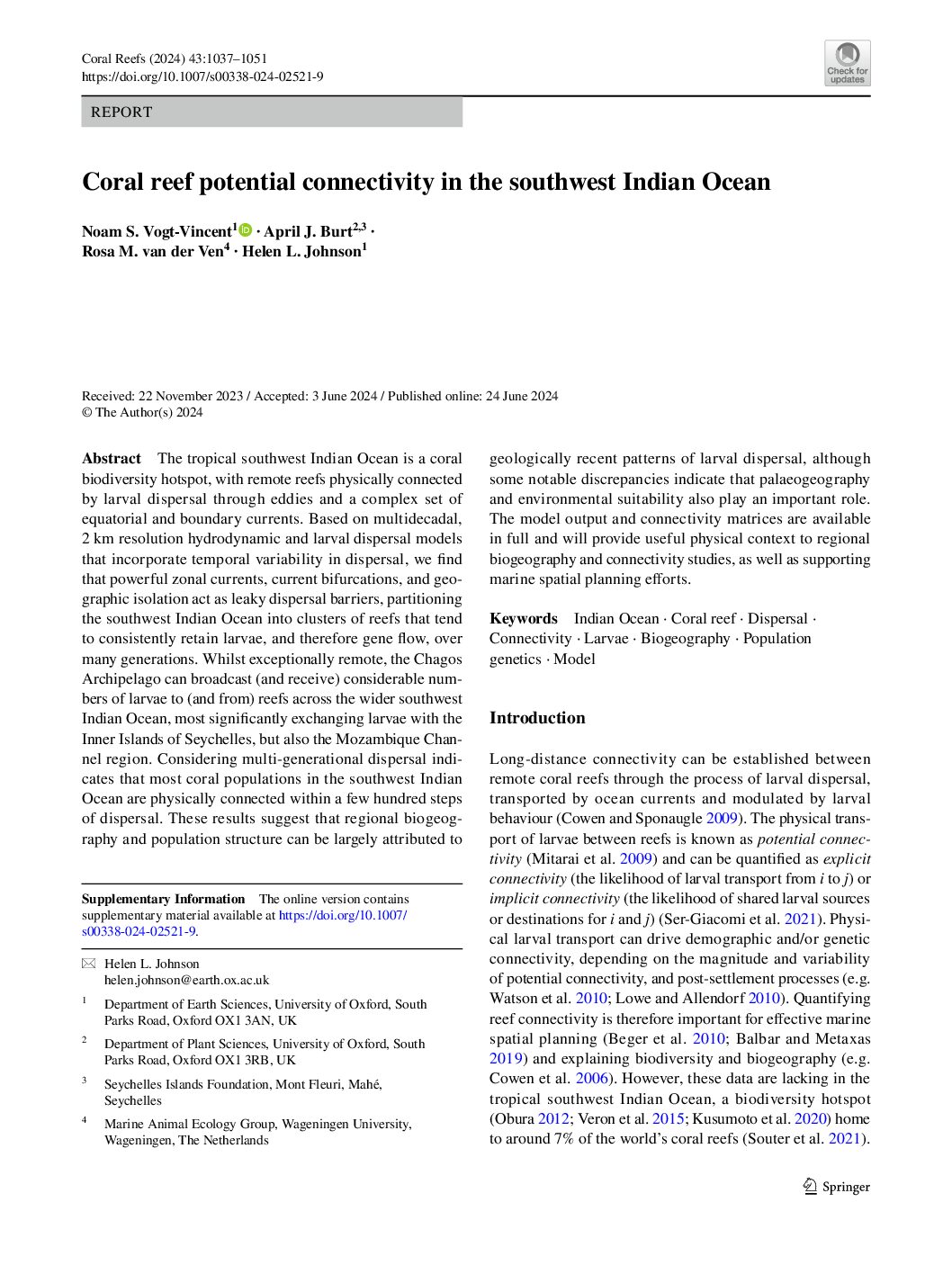 Coral reef potential connectivity in the southwest Indian Ocean (Noam Vogt‑Vincent 24-06-2024) Coral reef potential connectivity in the southwest Indian Ocean