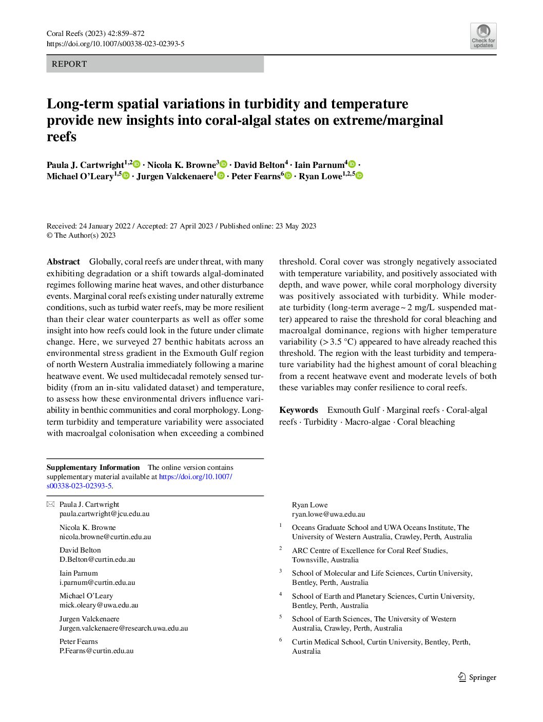 Long-term spatial variations in turbidity and temperature provide new insights into coral-algal states on extreme:marginal reefs (Paula Cartwright 23-05-2023) Long term spatial variations in turbidity and temperature provide new insights into coral algal states on extreme/marginal reefs (Paula Cartwright 23 05 2023)