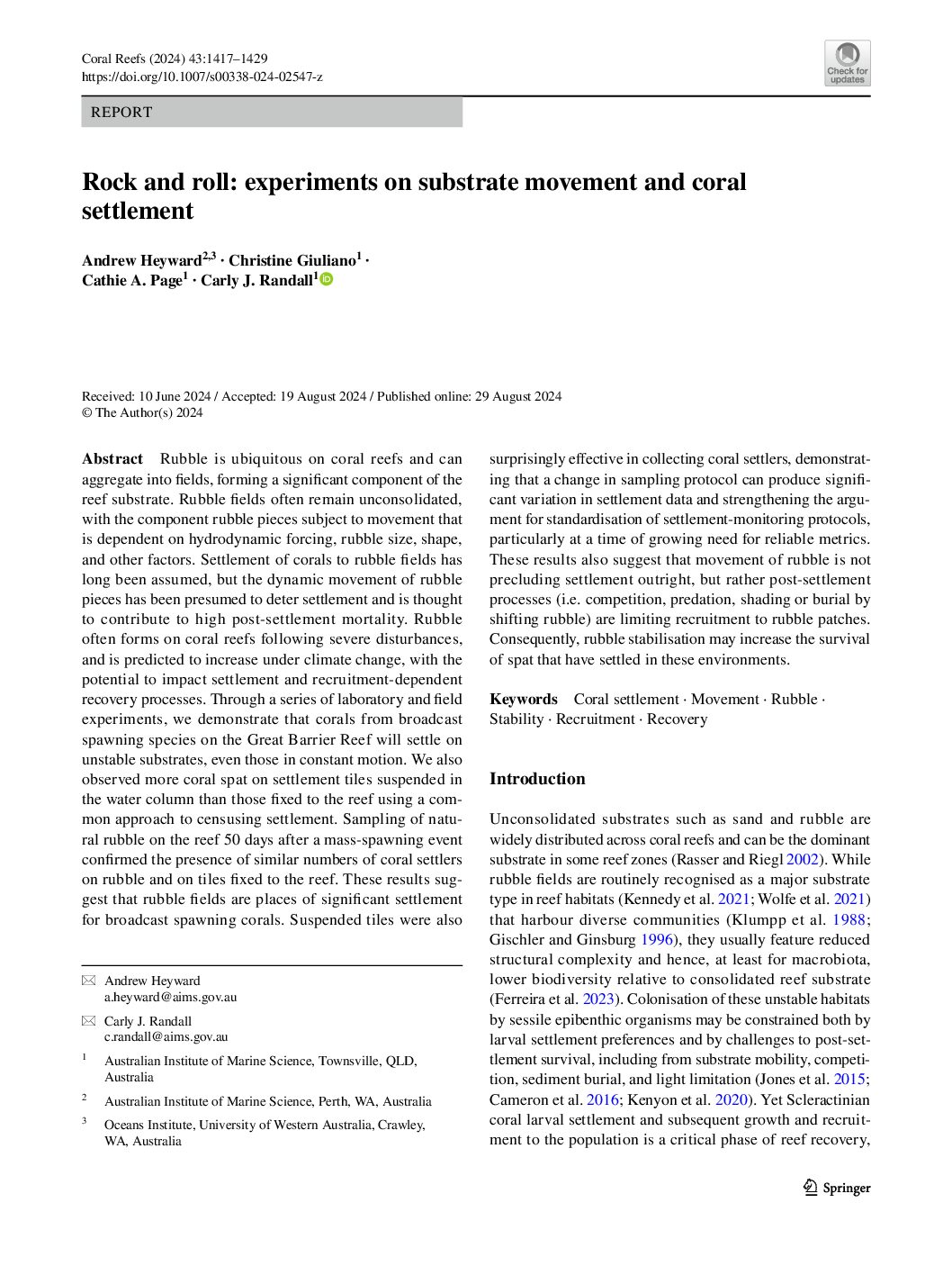 Rock and roll - experiments on substrate movement and coral settlement (Andrew Heyward 29-08-2024) Rock and roll experiments on substrate movement and coral settlement